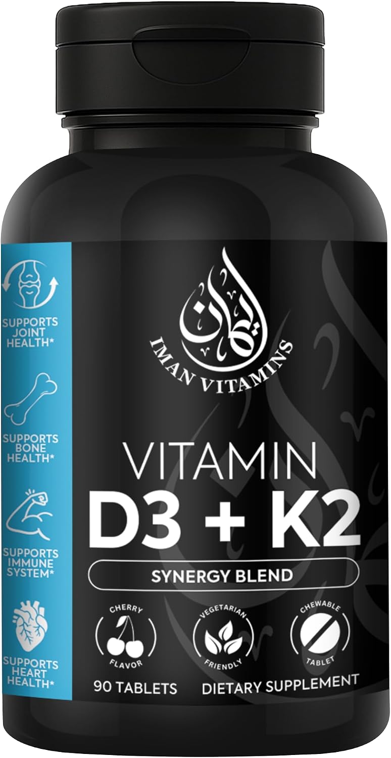 Iman Vitamins Vitamina D3 con K2 Halal – Comprimidos Masticables 2000 UI + 75 mcg MK-7 – 90 Unidades