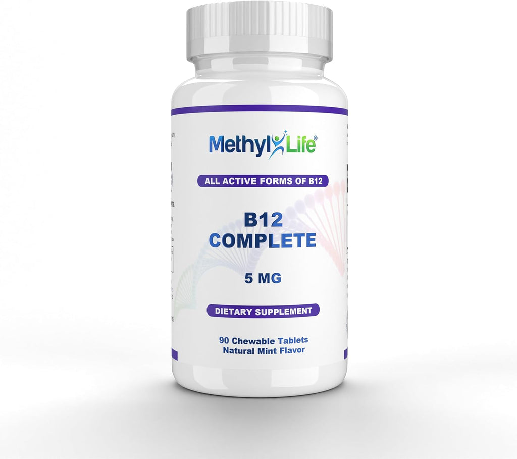 Methyl-Life® B12 Complete – 5000 mcg Metilcobalamina + Hidroxi B12 + Adenosilcobalamina | Vegano, Non-GMO, Sin Gluten | 90 Comprimidos Masticables