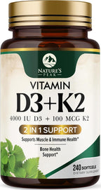 Vitamina D3 K2 - Complejo 2 en 1 de Vitamina D y K2 (MK-7) - 4000 UI por Cápsula Blanda - Sin Gluten - 120 Cápsulas Blandas