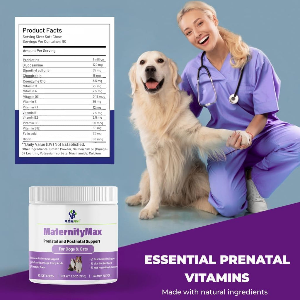 MaternityMax Vitaminas Prenatales para Perros y Gatos - Suplemento Pre y Postnatal con Probióticos, Glucosamina, MSM, CoQ10 y Vitaminas Esenciales - 90 Chews Blandos Sabor Salmón