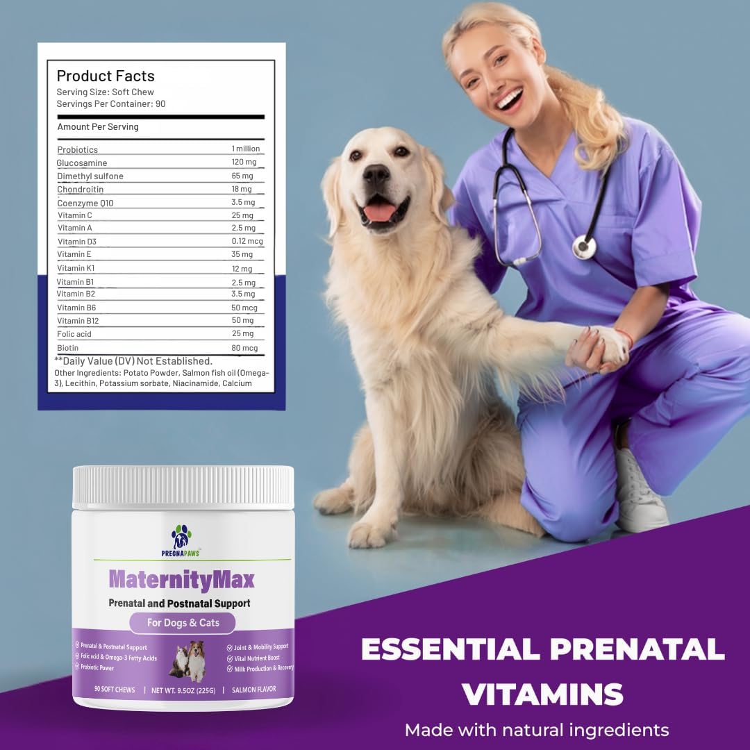 MaternityMax Vitaminas Prenatales para Perros y Gatos - Suplemento Pre y Postnatal con Probióticos, Glucosamina, MSM, CoQ10 y Vitaminas Esenciales - 90 Chews Blandos Sabor Salmón