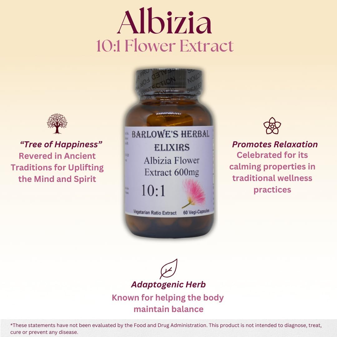 Barlowe's Herbal Elixirs Extracto de Albizia Julibrissin 10:1 – 600 mg, 60 Cápsulas Vegetales