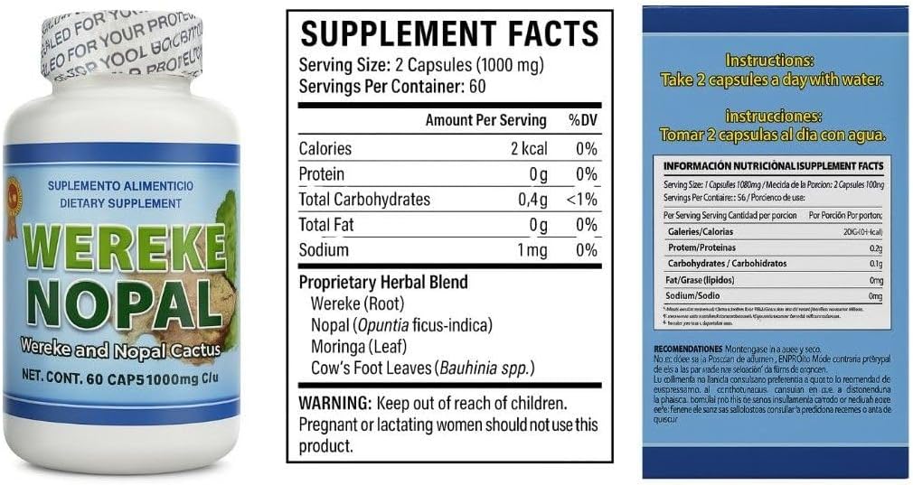Wereke & Nopal Cápsulas – 60 Unidades (1000 mg cada una) – Complemento Herbal Natural – Mezcla Tradicional Mexicana – de Lo+Natural