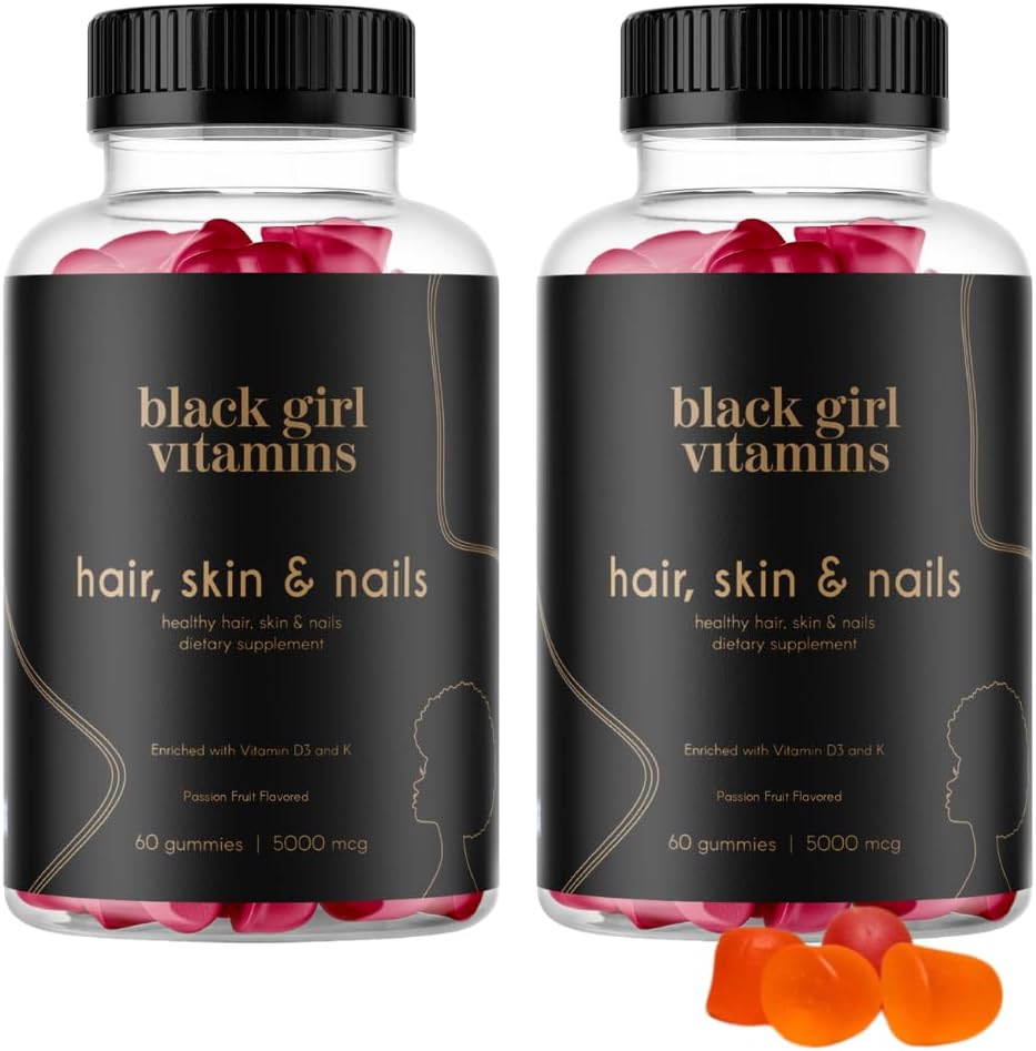 Black Girl Vitamins - Gomitas para Cabello, Piel y Uñas con Biotina (6000 mcg), Zinc, Vitamina A y Vitamina E - Sin Gelatina, Sin Gluten - Sabor Maracuyá (120 unidades, 60 días)