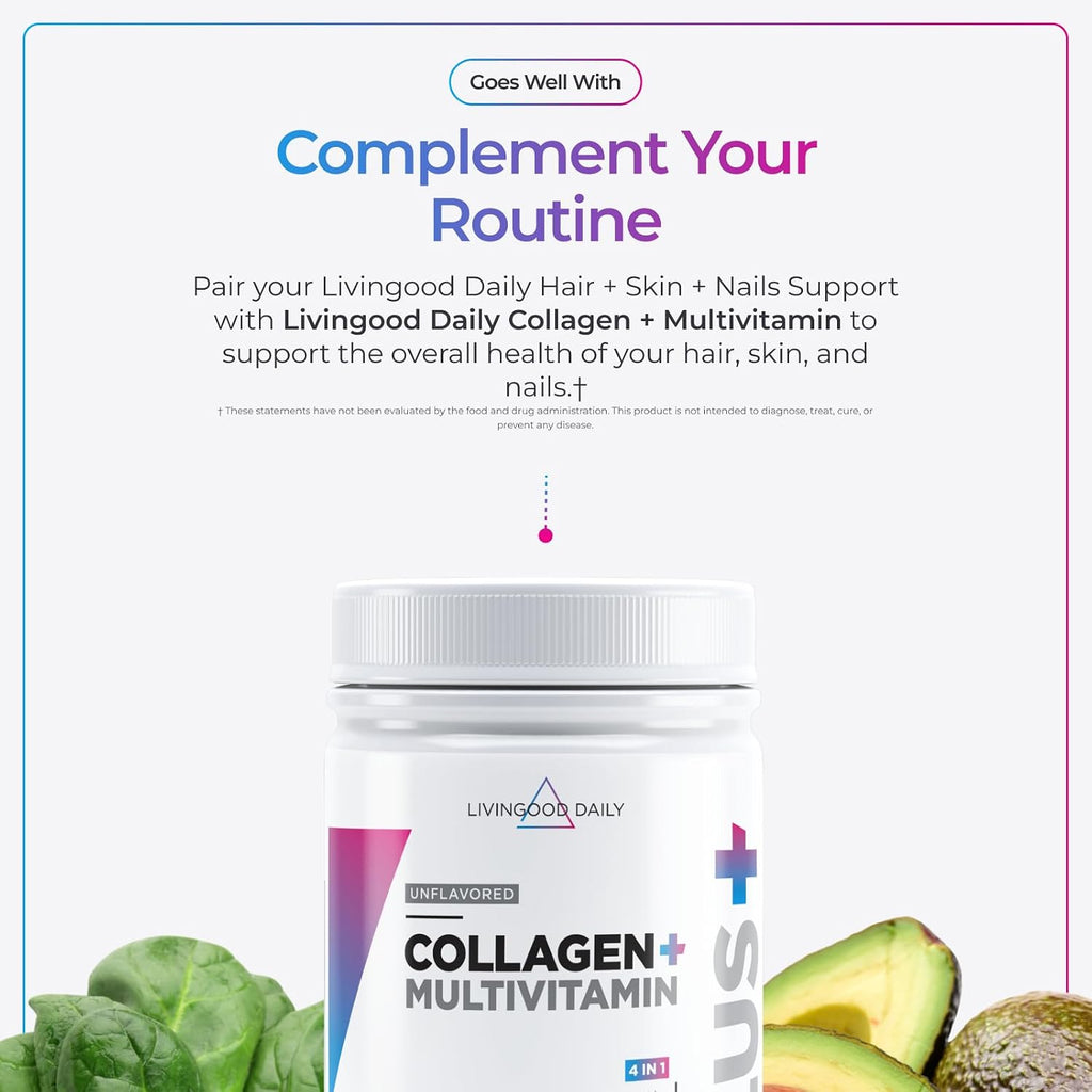 Livingood Daily Hair, Skin & Nails - Suplemento 14 en 1 para Cabello, Piel y Uñas, con Biotina, Colágeno y Queratina, 60 Cápsulas
