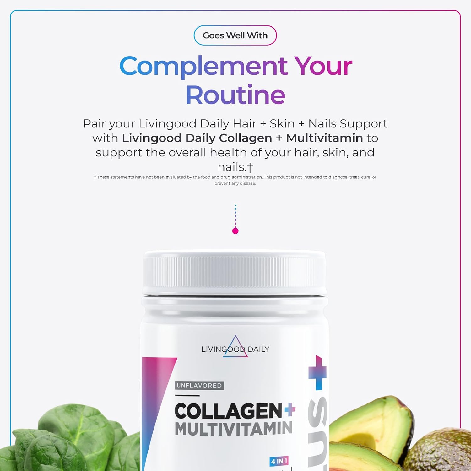 Livingood Daily Hair, Skin & Nails - Suplemento 14 en 1 para Cabello, Piel y Uñas, con Biotina, Colágeno y Queratina, 60 Cápsulas