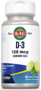 KAL Vitamina D3 5000 UI ActivMelt, Comprimidos Micro de Disolución Rápida, Sabor Limón-Lima Natural, 90 Comprimidos