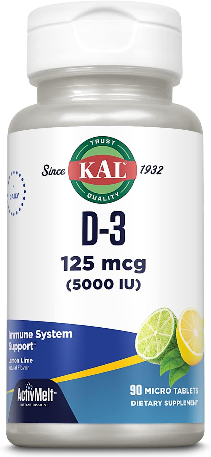 KAL Vitamina D3 5000 UI ActivMelt, Comprimidos Micro de Disolución Rápida, Sabor Limón-Lima Natural, 90 Comprimidos