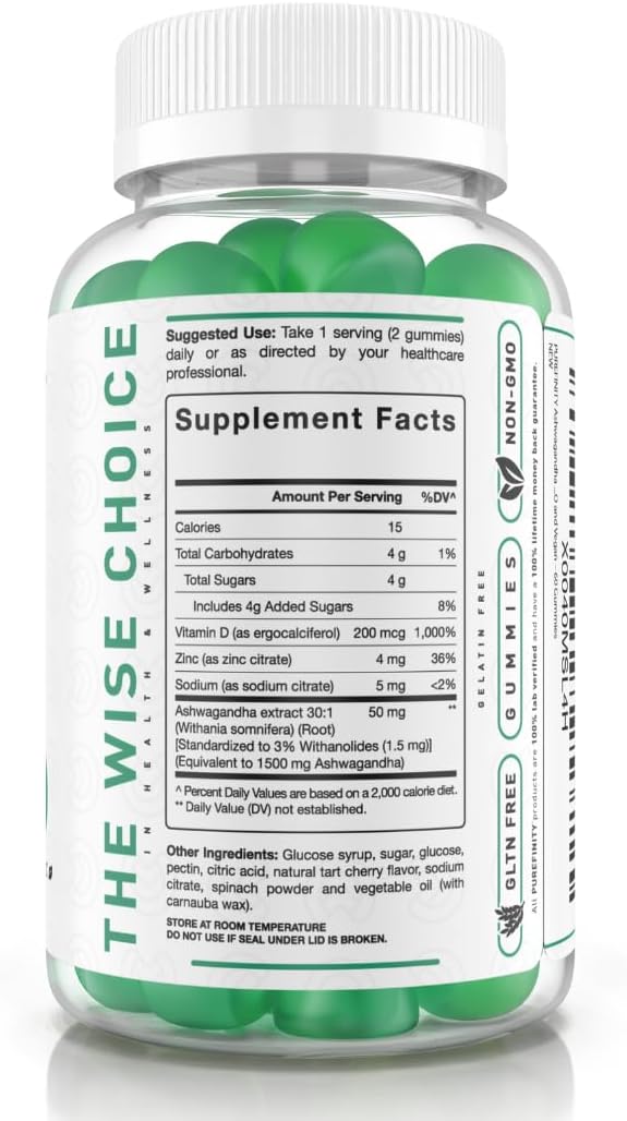 PUREFINITY Gominolas de Ashwagandha con Vitamina D y Zinc – Suplemento para la relajación y el apoyo al estado de ánimo – Sin gluten, vegano, 60 unidades