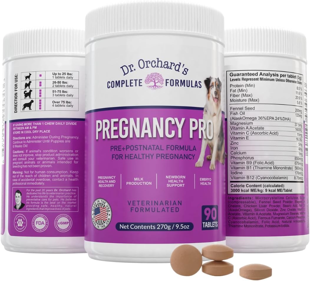 Dr Orchards Pregnancy Pro Vitaminas prenatales para perros - Suplemento premium para embarazo, lactancia y salud del cachorro, 90 comprimidos