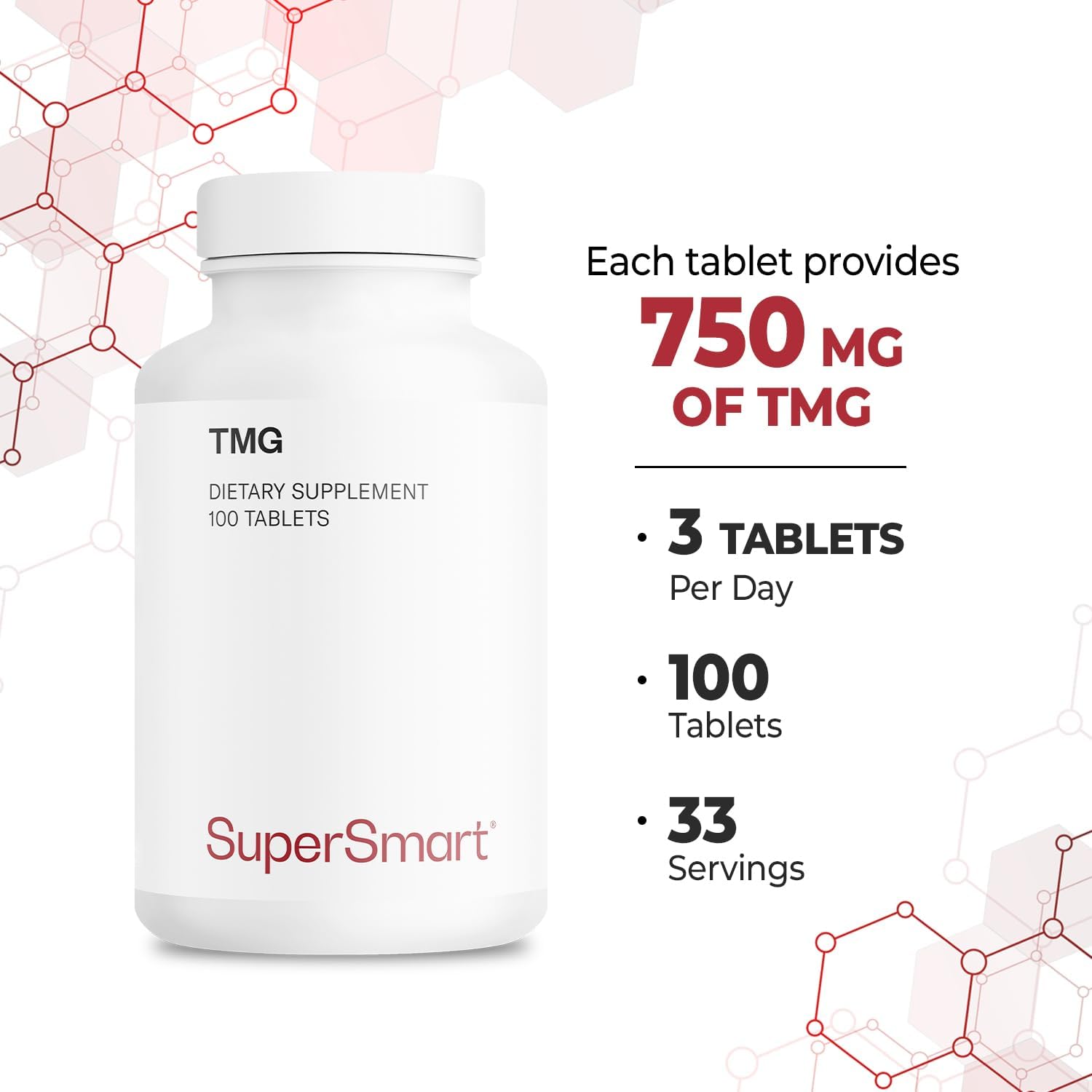 Supersmart TMG 2250 mg (Alta Potencia) - Trimetilglicina Betaína Anhidra - 100 Comprimidos
