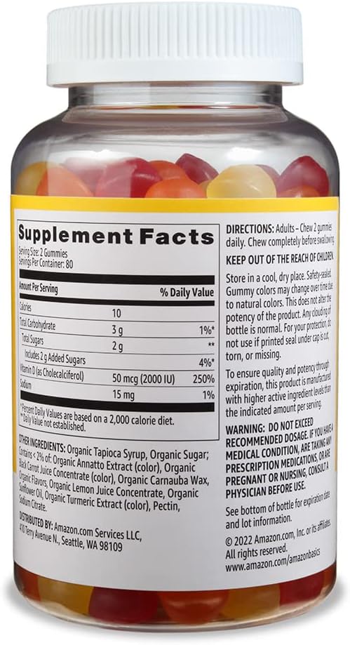 Vitamina D3 2000 UI Gominolas - Sabor Naranja, Limón y Fresa - 160 Gominolas