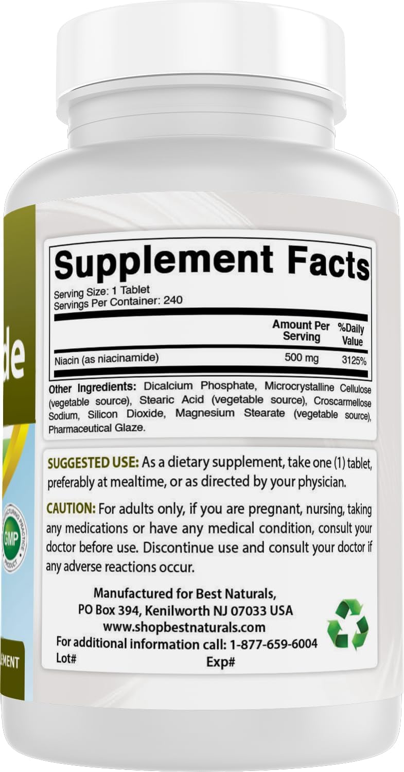 Best Naturals Niacinamide 500 mg 240 Comprimidos (Apto para Vegetarianos) - Forma No Flush de Niacina (Vitamina B3)
