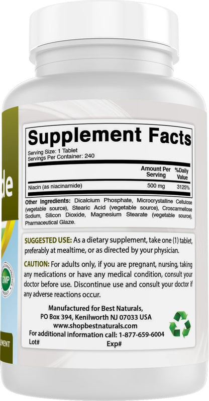 Best Naturals Niacinamide 500 mg 240 – Enrojecimiento (flush): La niacina provoca una dilatación de los vasos – Image 6