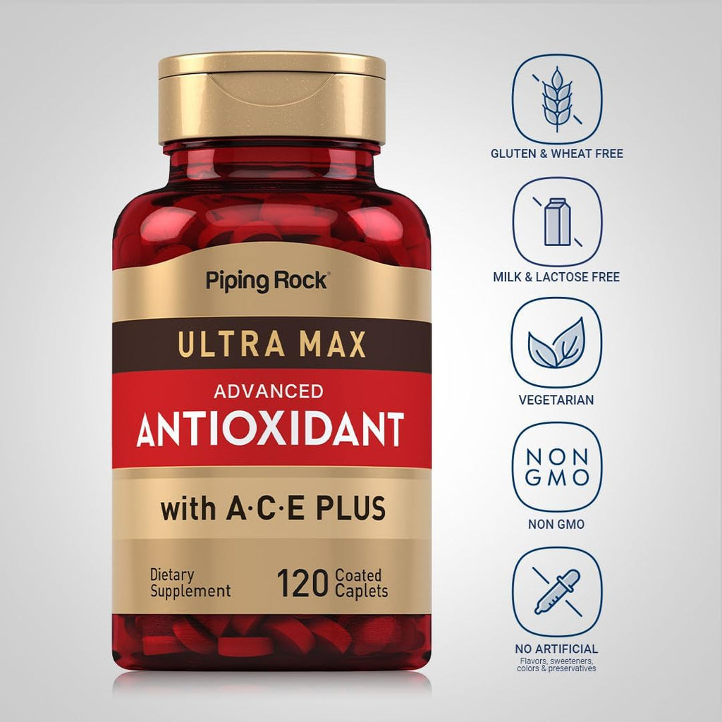 Piping Rock Suplemento Antioxidante Avanzado con Vitaminas A, C y E | Fórmula Ultra Max | 120 Comprimidos | No-OGM, Sin Gluten