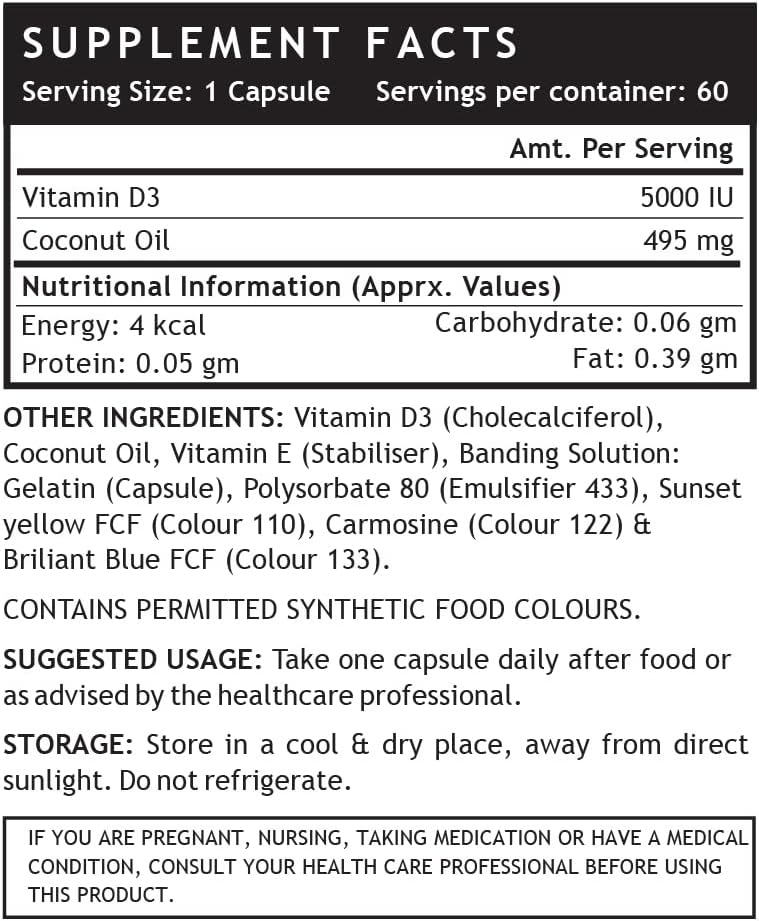 INLIFE Vitamina D3 5000 IU con Aceite de Coco Virgen Extra – 60 Cápsulas Blandas