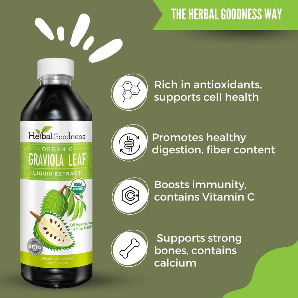 Herbal Goodness Gotas Líquidas de Guanábana Graviola 355 ml - Extracto Orgánico de Hojas de Guanábana 15x para Apoyo Digestivo, Celular e Inmune - Vegano, Sin OGM, Hecho en EE.UU.