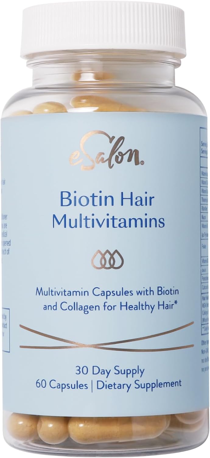 eSalon Multivitaminas para el Cabello con Biotina y Colágeno, 2500mcg, 60 Cápsulas, 30 Días, Libre de Alérgenos