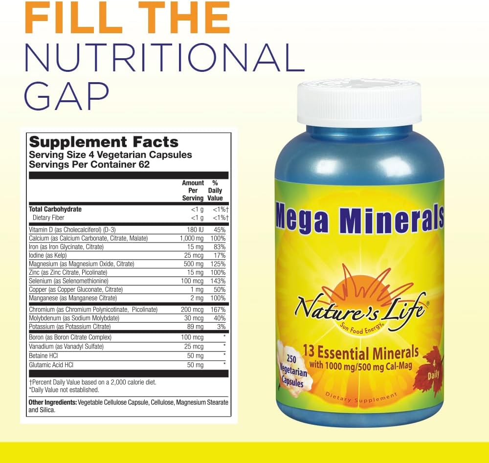 Nature's Life Mega Minerals Complex | Complejo Multimineral + Vitamina D | 250 Cápsulas Vegetales