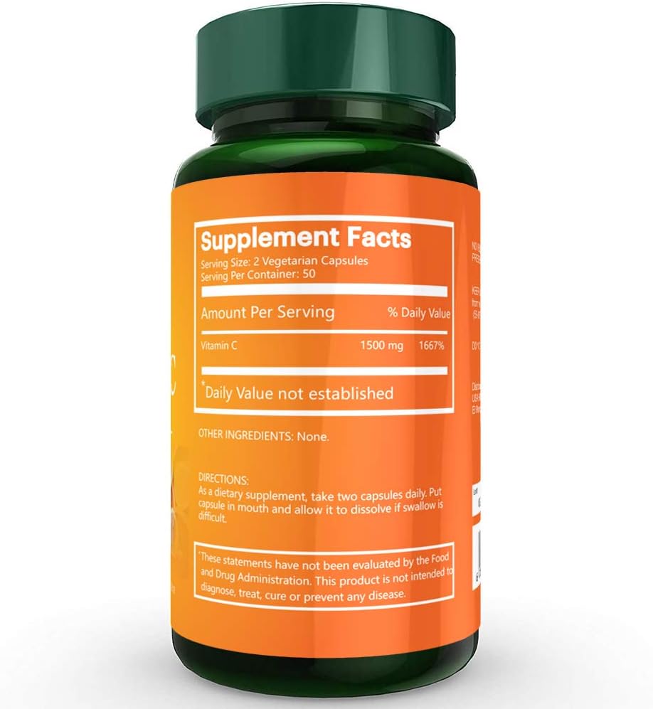 Na'trition Vitamina C Pura Cápsulas Vegetarianas 1500 mg por Ración | Suplemento para el Sistema Inmunológico y Antioxidante | No GMO y Sin Gluten | 50 Días