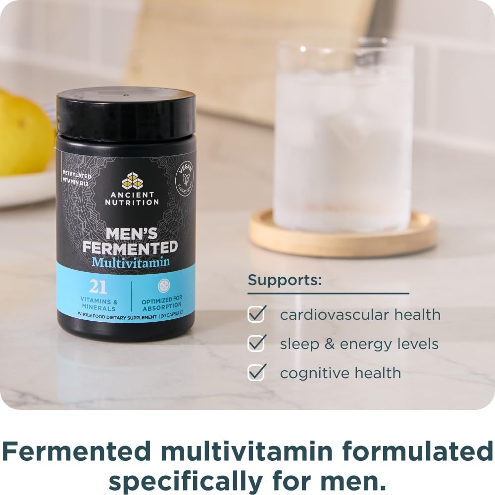Ancient Nutrition Multivitamínico para Hombres, Multivitamínico Fermentado con Vitaminas Metiladas A, C, D, E, K, Zinc y Magnesio, Apoyo Inmunológico, Vegano, 60 Cápsulas