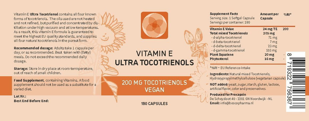 Ultra Tocotrienol 200mg Vitamina E Vegano – Todos los 4 tocotrienoles – Sin Tocoferoles (180 cápsulas)