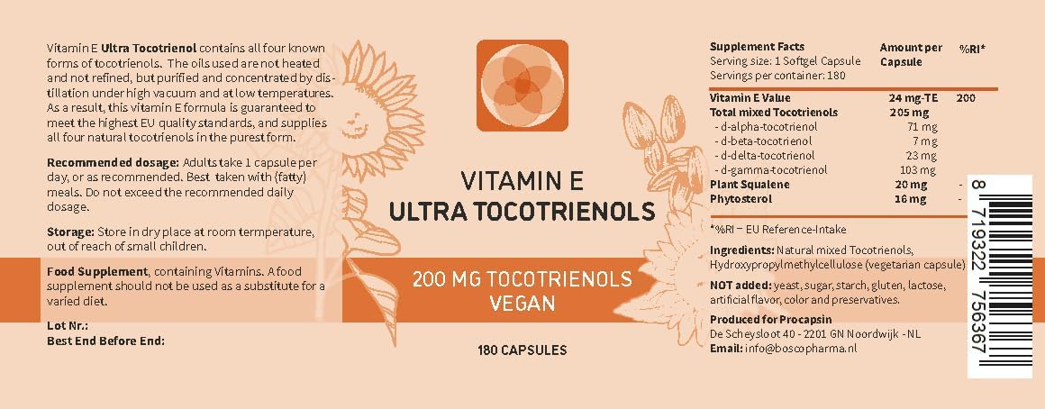Ultra Tocotrienol 200mg Vitamina E Vegano – Todos los 4 tocotrienoles – Sin Tocoferoles (180 cápsulas)