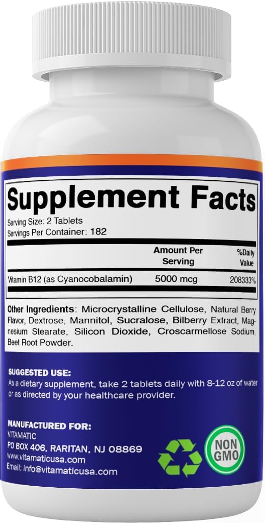 Vitamatic Vitamina B12 5000 mcg – 365 Comprimidos de Disolución Rápida Sabor Berry