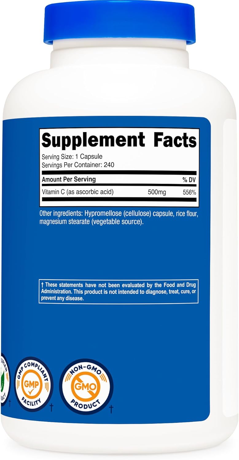 Nutricost Vitamina C 500mg, 240 Cápsulas – Vegetariano, Sin Gluten y No-GMO
