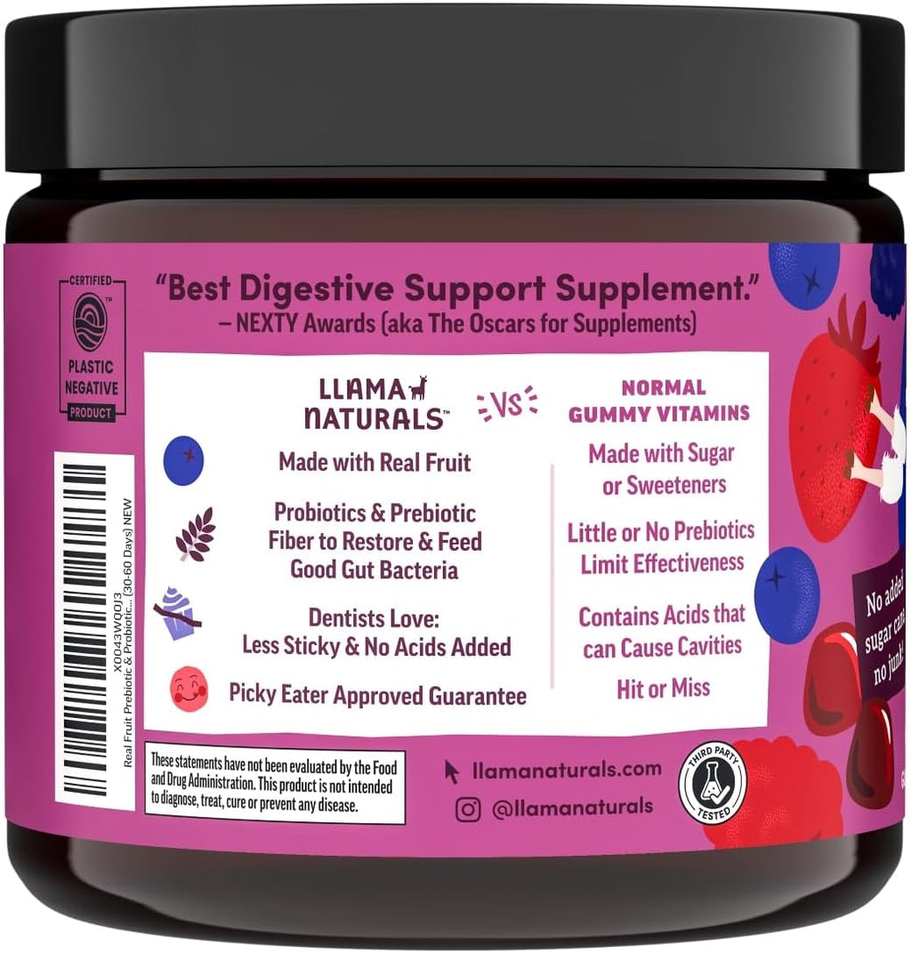 Llama Naturals Probiótico Infantil con Prebiótico, Gominolas Veganas de Fruta Real, Sin Azúcar Añadido, Mixed Berry, 60 Ct
