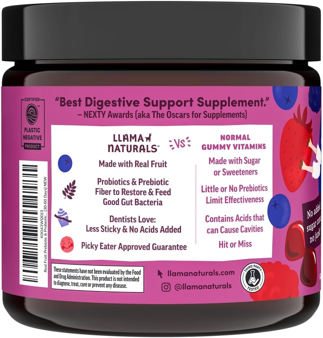 Llama Naturals Probiótico Infantil con Prebiótico, Gominolas Veganas de Fruta Real, Sin Azúcar Añadido, Mixed Berry, 60 Ct