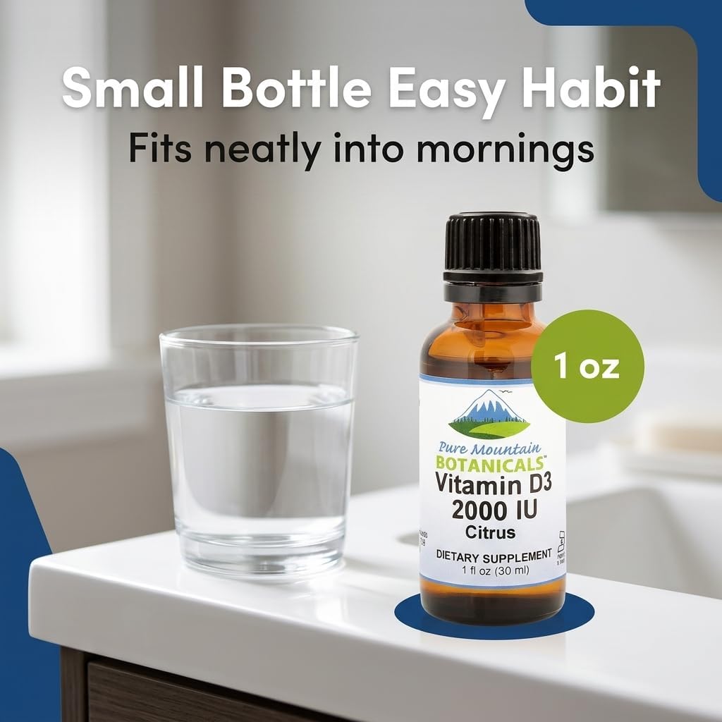Pure Mountain Botanicals Vitamina D3 Líquida 2000 UI - Gotas con Sabor Natural a Naranja y Limón en Aceite MCT - 30 ml