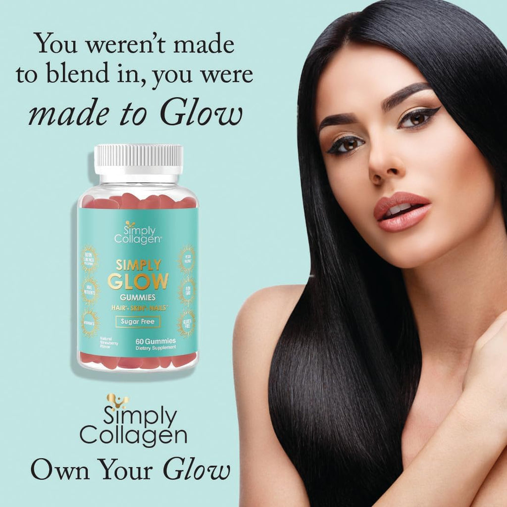 Simply Collagen® Simply Glow Gominolas para Cabello, Piel y Uñas – Vegano, Sin Azúcar, Sin Gluten – Biotina 5000 mcg – 60 unidades