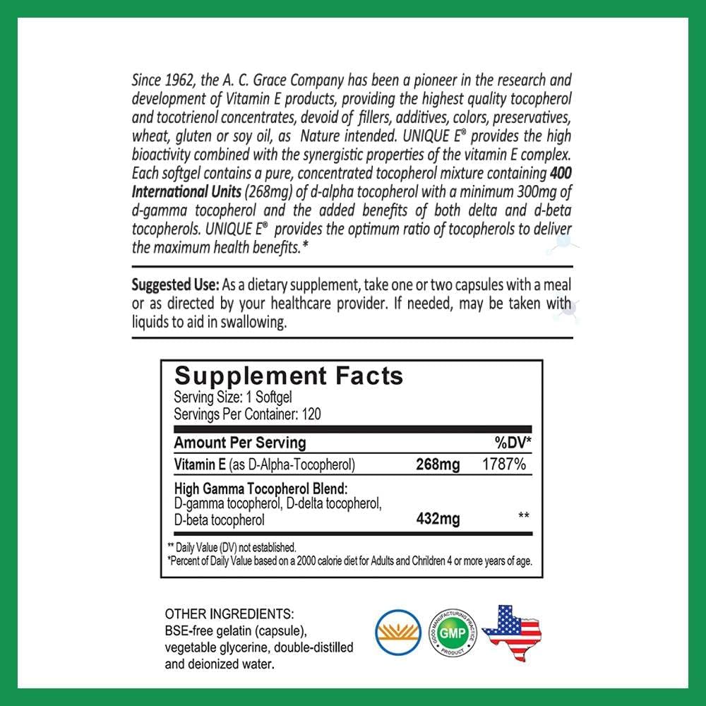UNIQUE E A.C. Grace Company - Mixed Tocopherols, 120 Softgels - Natural Vitamin E