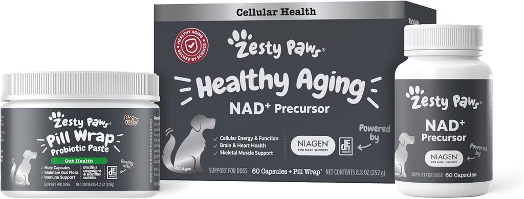 Zesty Paws Suplemento NAD+ Precursor para Perros - Niagen para Envejecimiento Saludable y Apoyo Muscular - 60 Cápsulas
