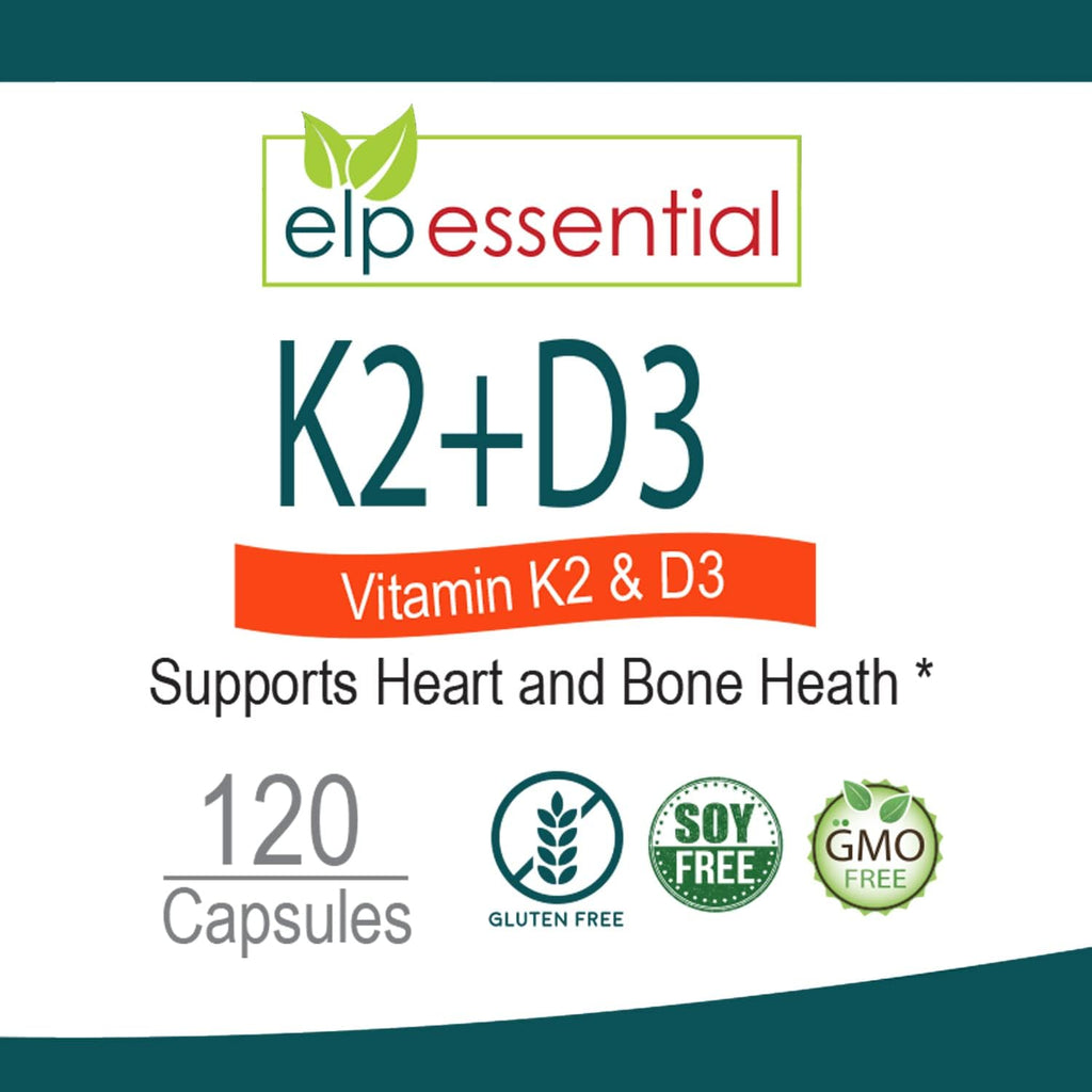 ELP ESSENTIAL Vitamin K2 with D3 Supplement Bone and Heart Health,Capsules K2+D3 Vitamins 120 Capsules