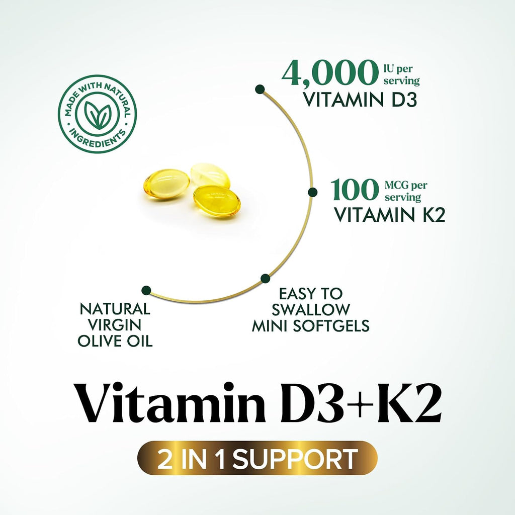 Vitamina D3 K2 - Complejo 2 en 1 de Vitamina D y K2 (MK-7) - 4000 UI por Cápsula Blanda - Sin Gluten - 120 Cápsulas Blandas