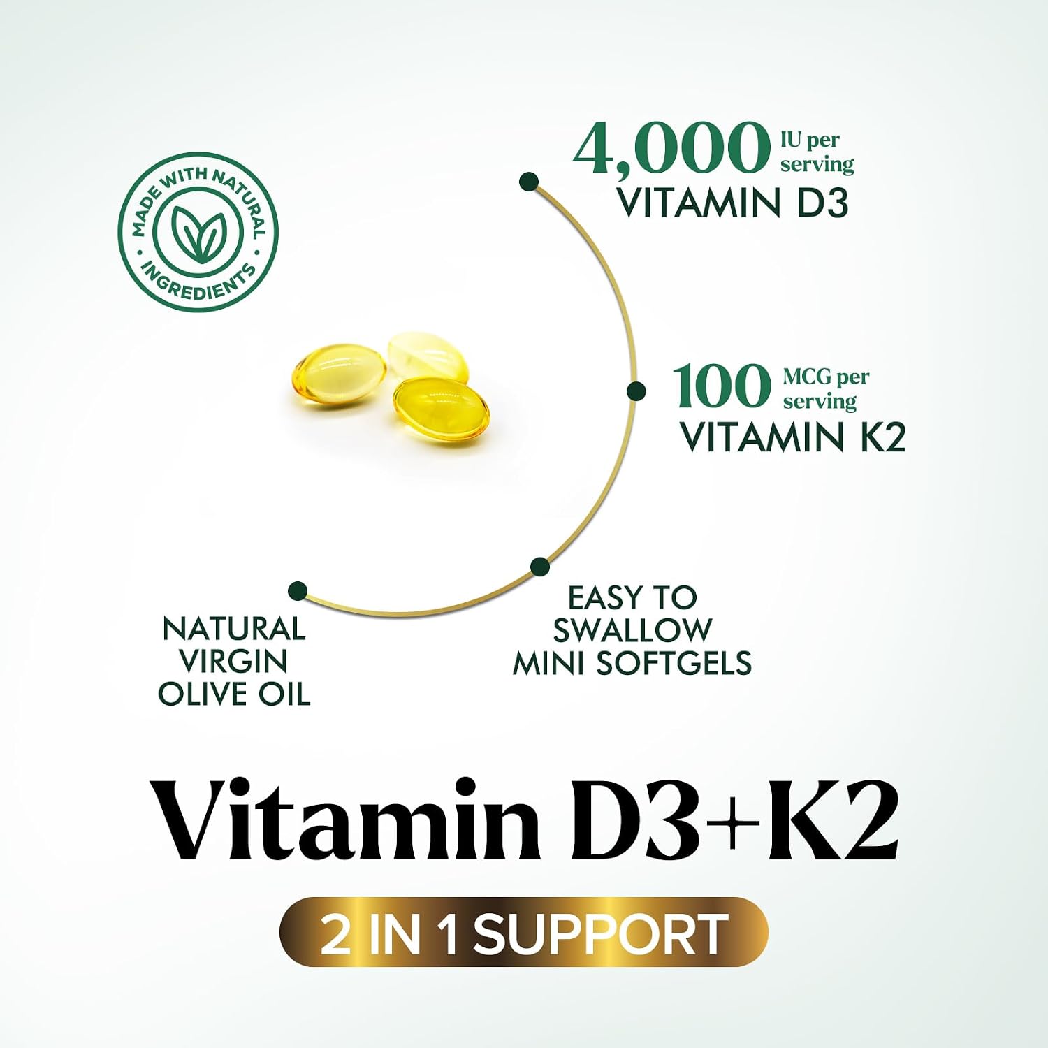 Vitamina D3 K2 - Complejo 2 en 1 de Vitamina D y K2 (MK-7) - 4000 UI por Cápsula Blanda - Sin Gluten - 120 Cápsulas Blandas