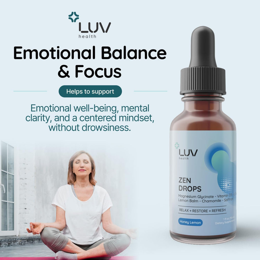 LUV Zen Drops Gotas de apoyo para el estrés con magnesio glicinato, vitamina D3, melisa, manzanilla, azafrán y L-teanina. Vegano, sin gluten, 30 dosis