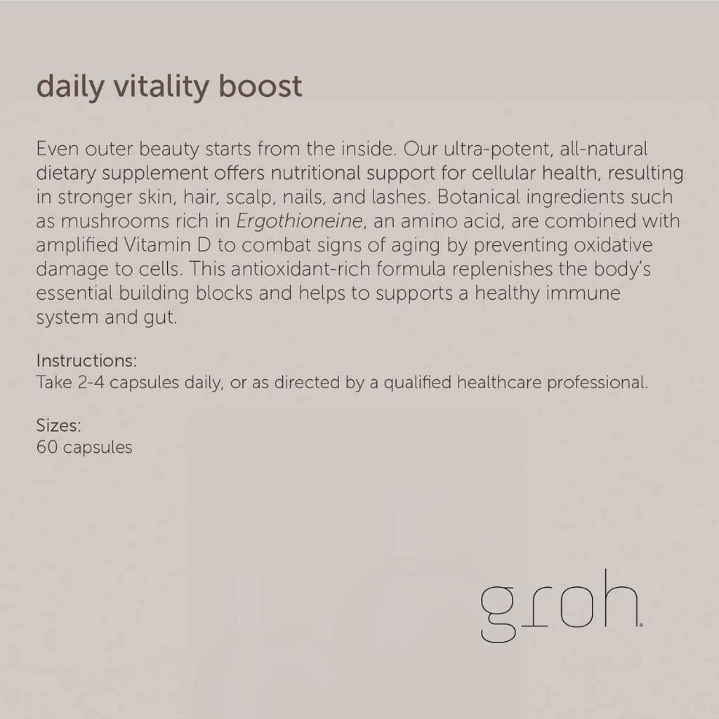 Groh Daily Vitality Boost - Suplemento Natural para Cabello, Piel y Uñas con Hongos y Antioxidantes - 60 Cápsulas