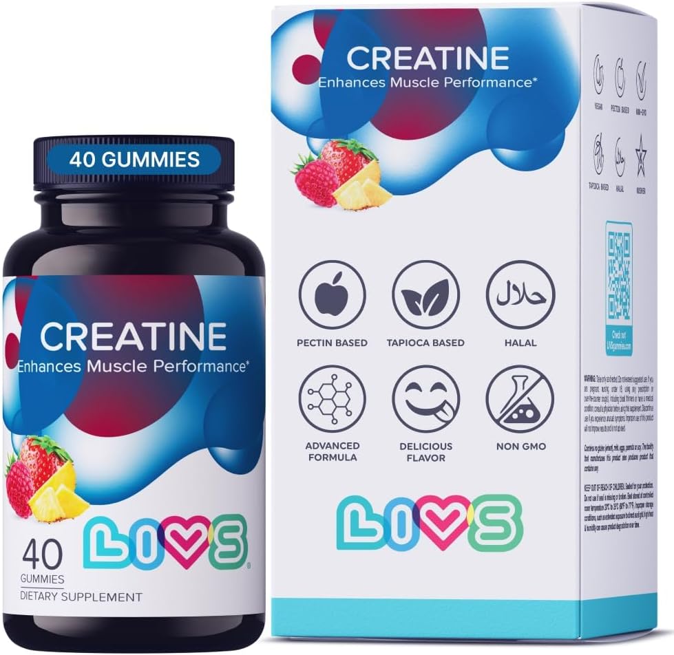 LIVS Creatine Monohydrate Gummies 5g - Suplemento Pre-Entreno para Hombres y Mujeres - Crecimiento Muscular, Fuerza y Recuperación - Vegano, Halal, Kosher, Non-GMO - Sabor Tropical Fruit Punch - 40 Gomitas