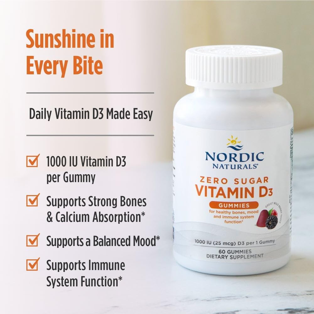 Nordic Naturals Gominolas de Vitamina D3 sin Azúcar - 1000 IU, 60 unidades - Sabor Wild Berry