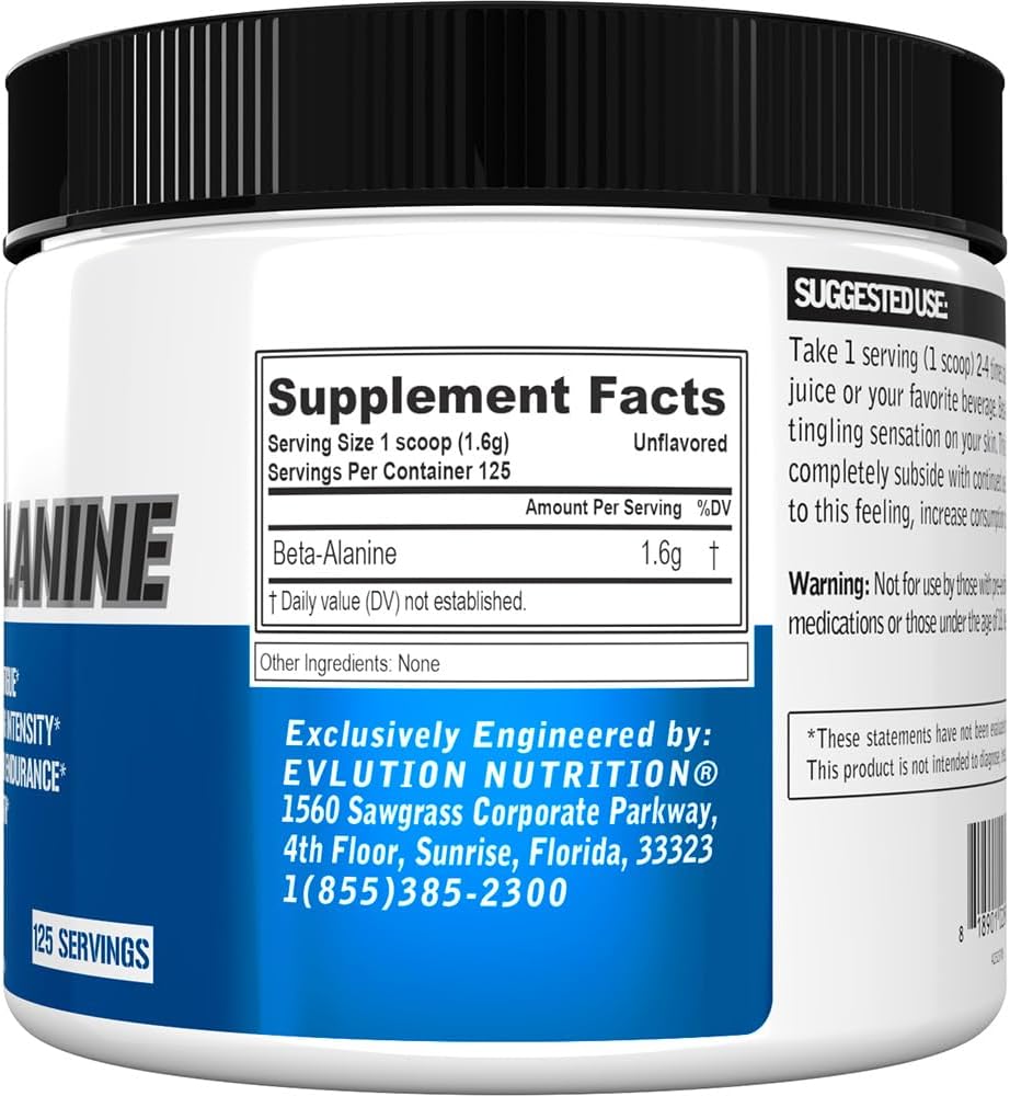 Evlution Nutrition Beta-Alanina Pura en Polvo - 125 Raciones (1.6g por Ración) Sin Sabor