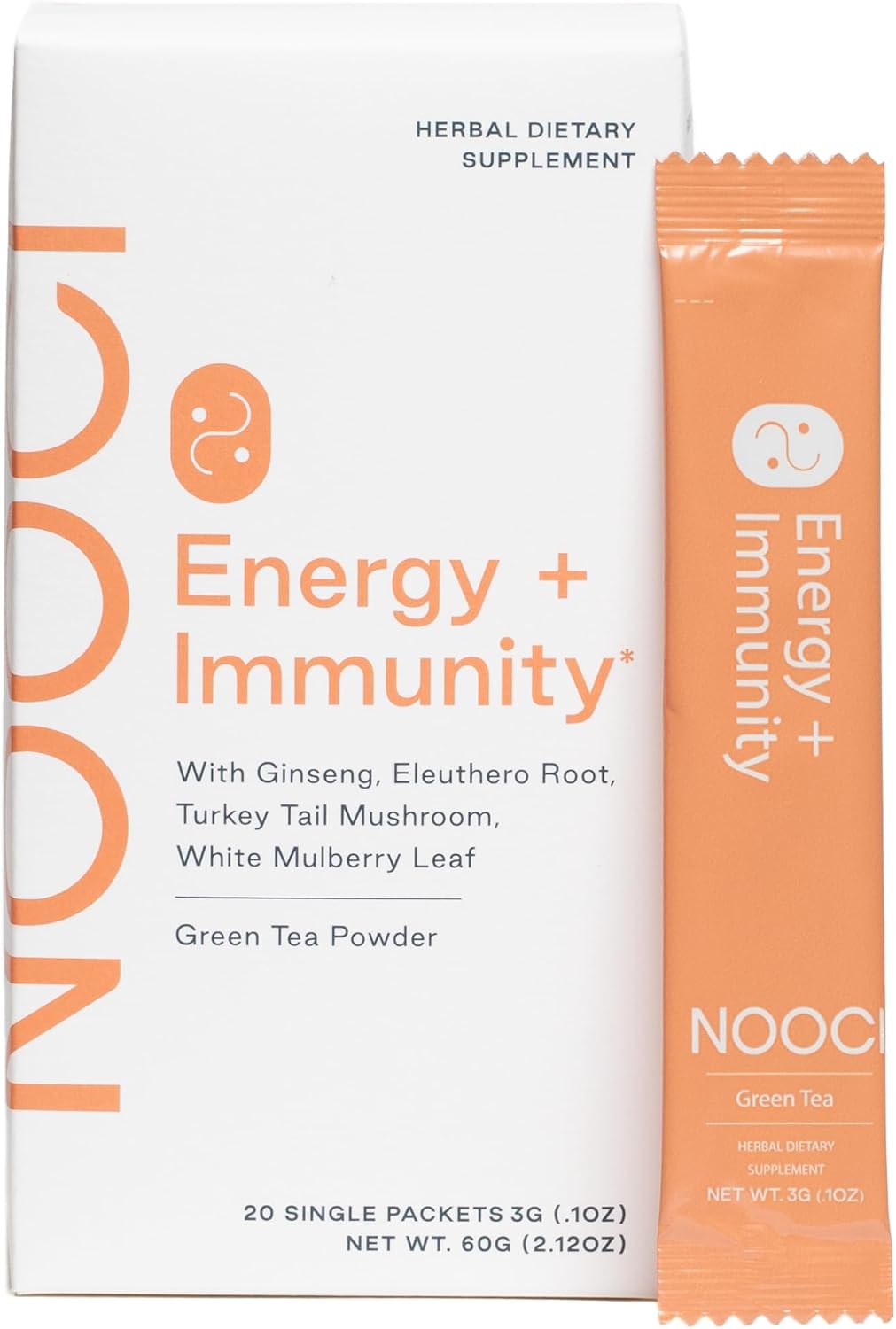 NOOCI Energy + Immunity: Suplemento de energía herbal con ginseng y cola de pavo, 20 sobres
