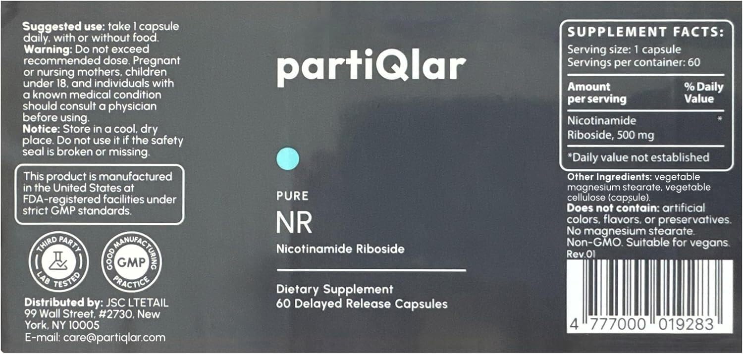 partiQlar NR - Nicotinamida Ribósido de Alta Pureza - 60 Cápsulas Veganas - Potenciador de NAD+ para Energía Celular y Reparación