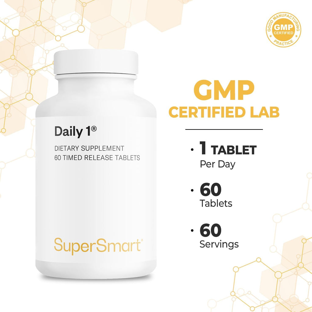 Supersmart - Daily 1® Timed Release - Multivitamínico para Hombres y Mujeres con BioPQQ, Vitaminas A, B, C, D, E, Biotina, Quercetina y Fisetina - 60 Comprimidos