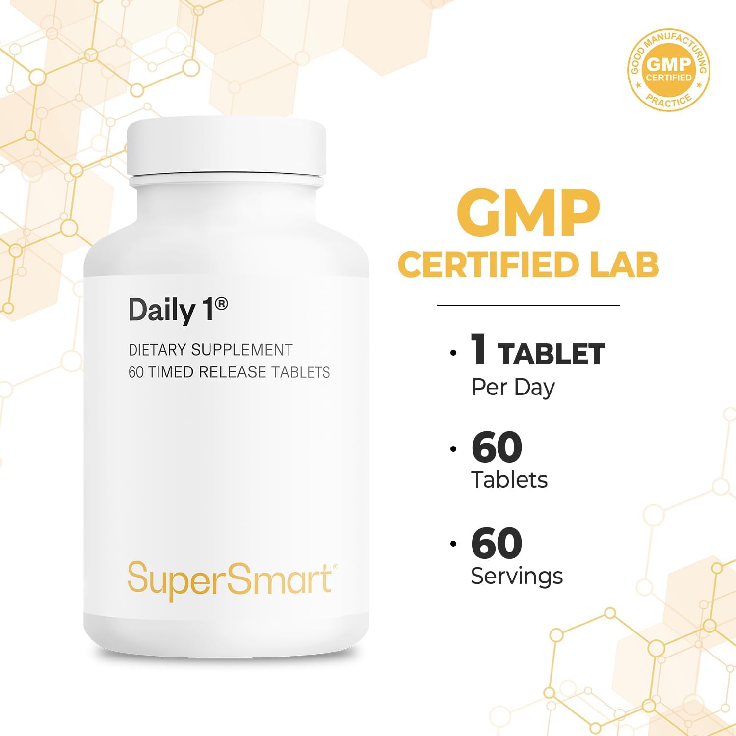 Supersmart - Daily 1® Timed Release - Multivitamínico para Hombres y Mujeres con BioPQQ, Vitaminas A, B, C, D, E, Biotina, Quercetina y Fisetina - 60 Comprimidos