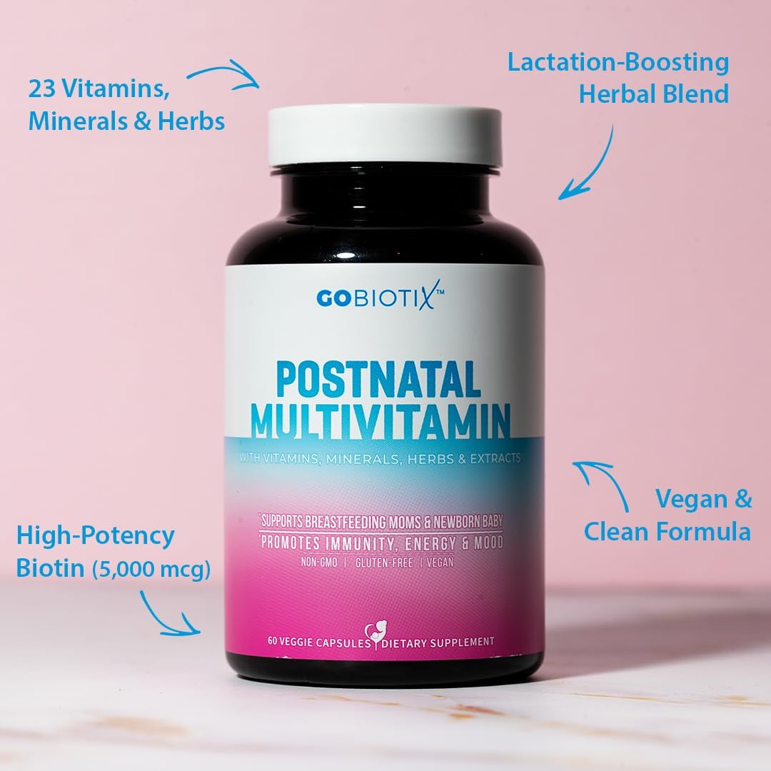 GOBIOTIX Vitaminas Postparto para Lactancia - Suplemento Postnatal con Moringa Orgánica, Vitaminas y Minerales para Madres Lactantes y el Bebé - No GMO, Vegano, 60 Cápsulas