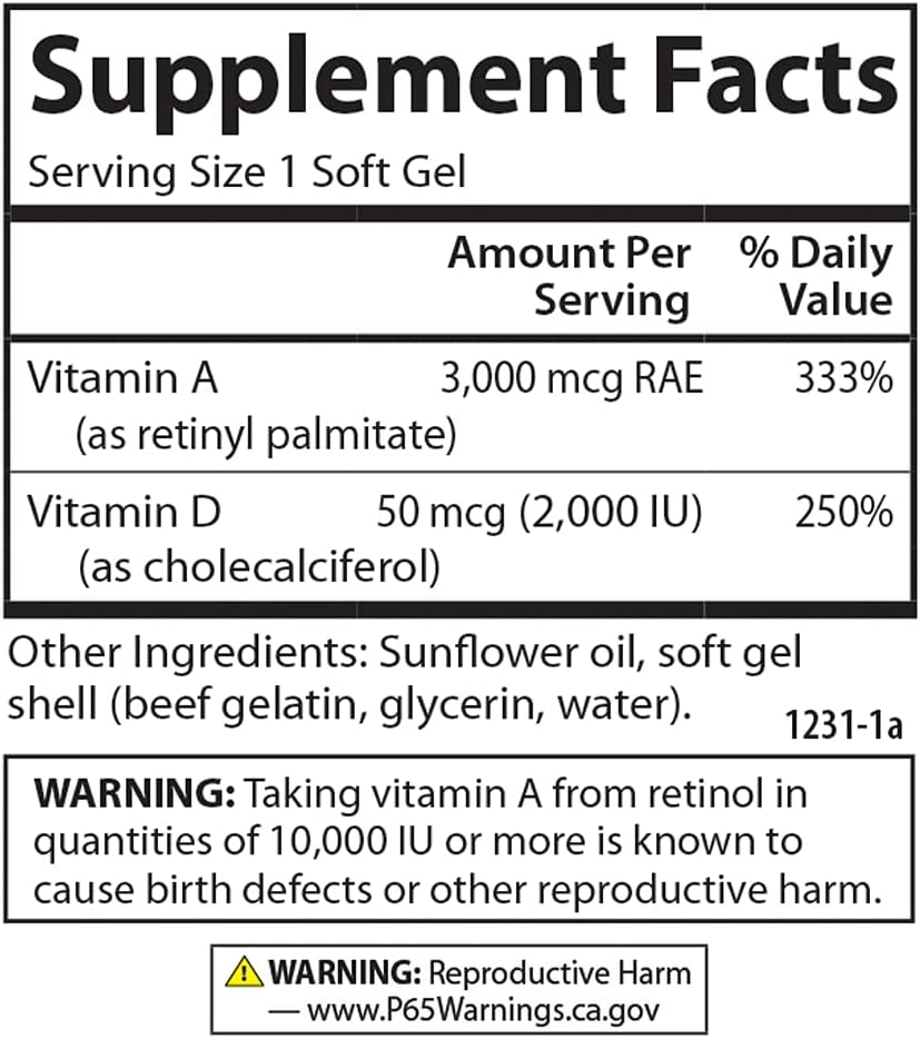 Carlson A & D, 10.000 UI (3.000 mcg RAE) Vitamina A, 5.000 UI (125 mcg) Vitamina D3, 100 Cápsulas Blandas