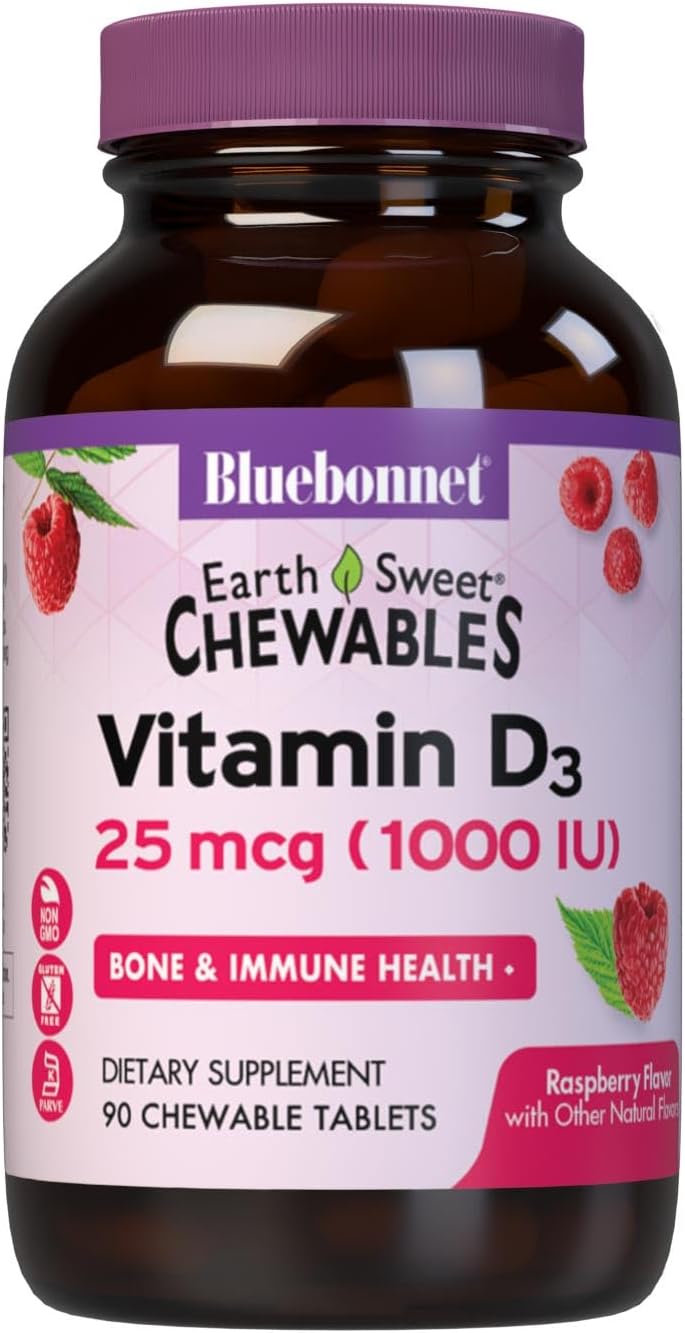 Bluebonnet EarthSweet Vitamina D3 1000 UI - 90 Comprimidos Masticables Sabor Frambuesa
